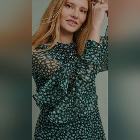 Anthropologie Ranna Gill Flutter Long Sleeve Tunic Mini Dress Green Size Medium - Picture 3 of 12